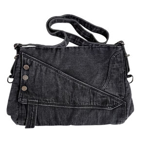 Denim Shoulder Messenger Tote Bag Large Dark Wash Button Trim